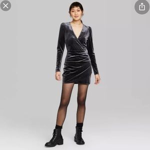 Long Sleeve V-Neck Velvet Warp Mini Dress